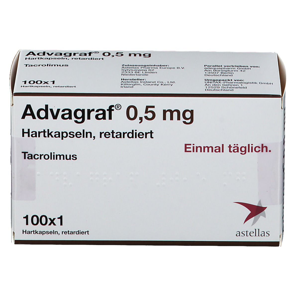ADVAGRAF 0,5 mg Hartkapseln retardiert. Weiße Schachtel. Text: 100x1, Tacrolimus, astellas, einmal täglich.