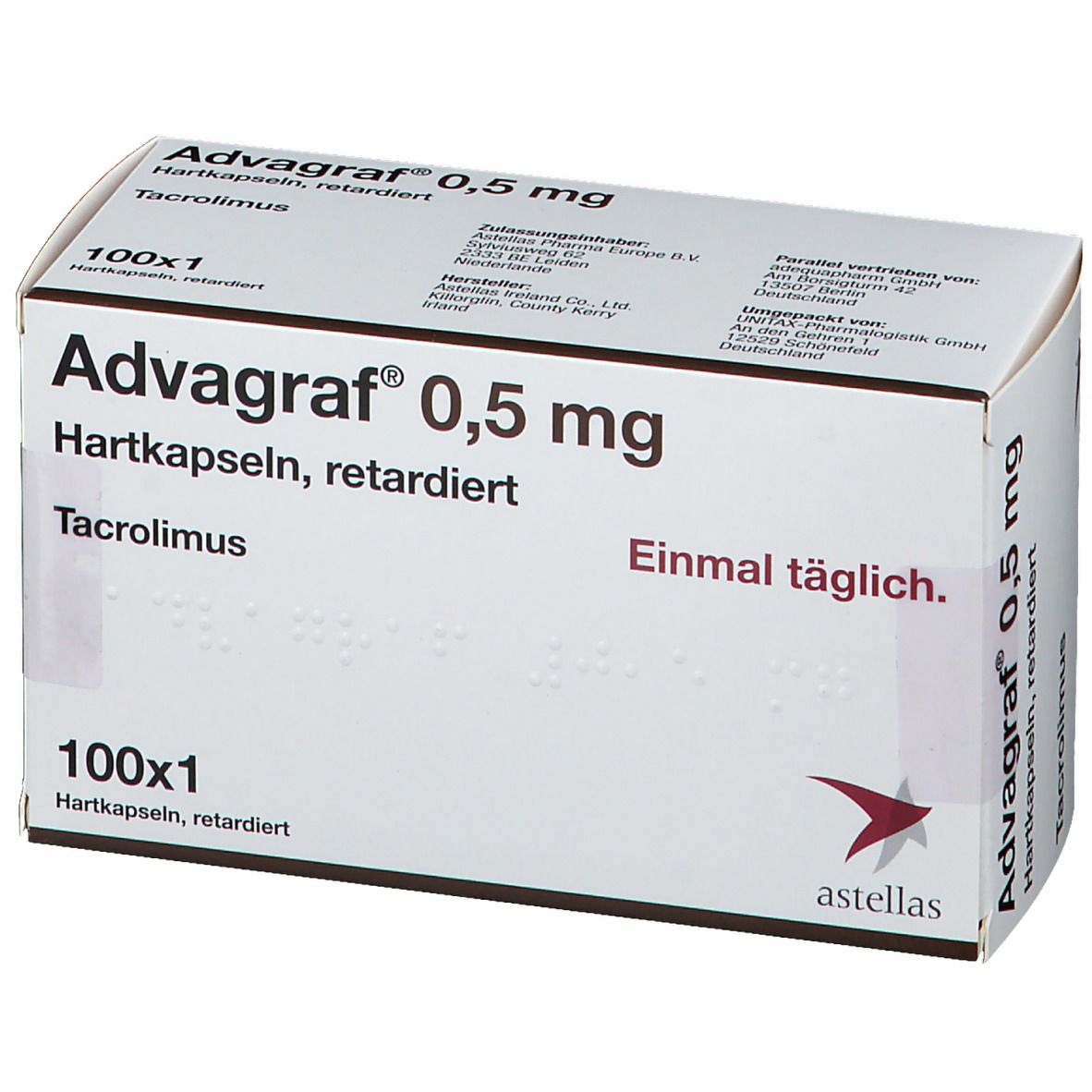 ADVAGRAF 0,5 mg Hartkapseln retardiert. Weiße Schachtel. Text: 100x1, Tacrolimus, astellas, einmal täglich.