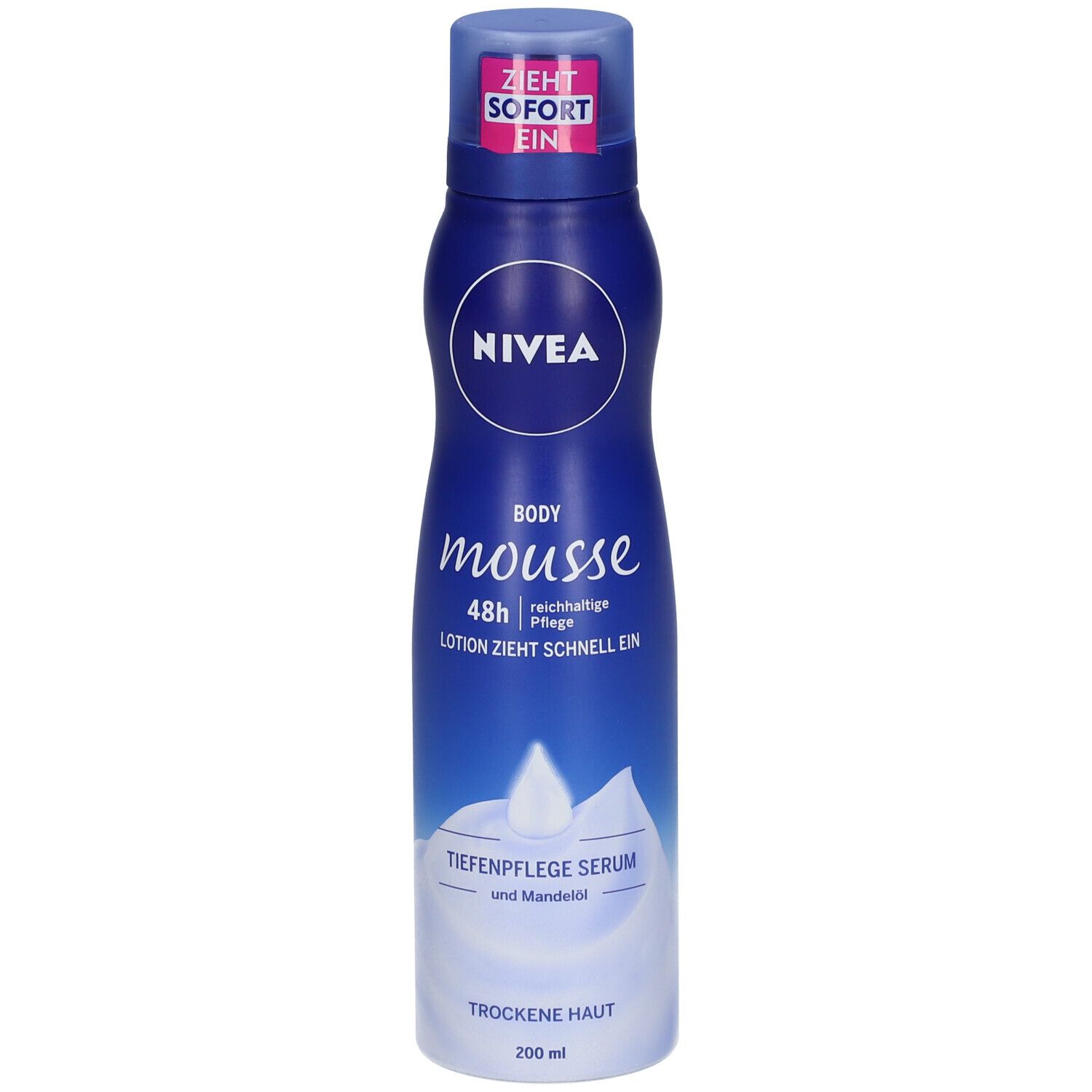 Blau-weiße NIVEA Body Mousse Flasche. Aufschrift: Body Mousse, 48h reichhaltige Pflege, Lotion zieht schnell ein. Für trockene Haut.