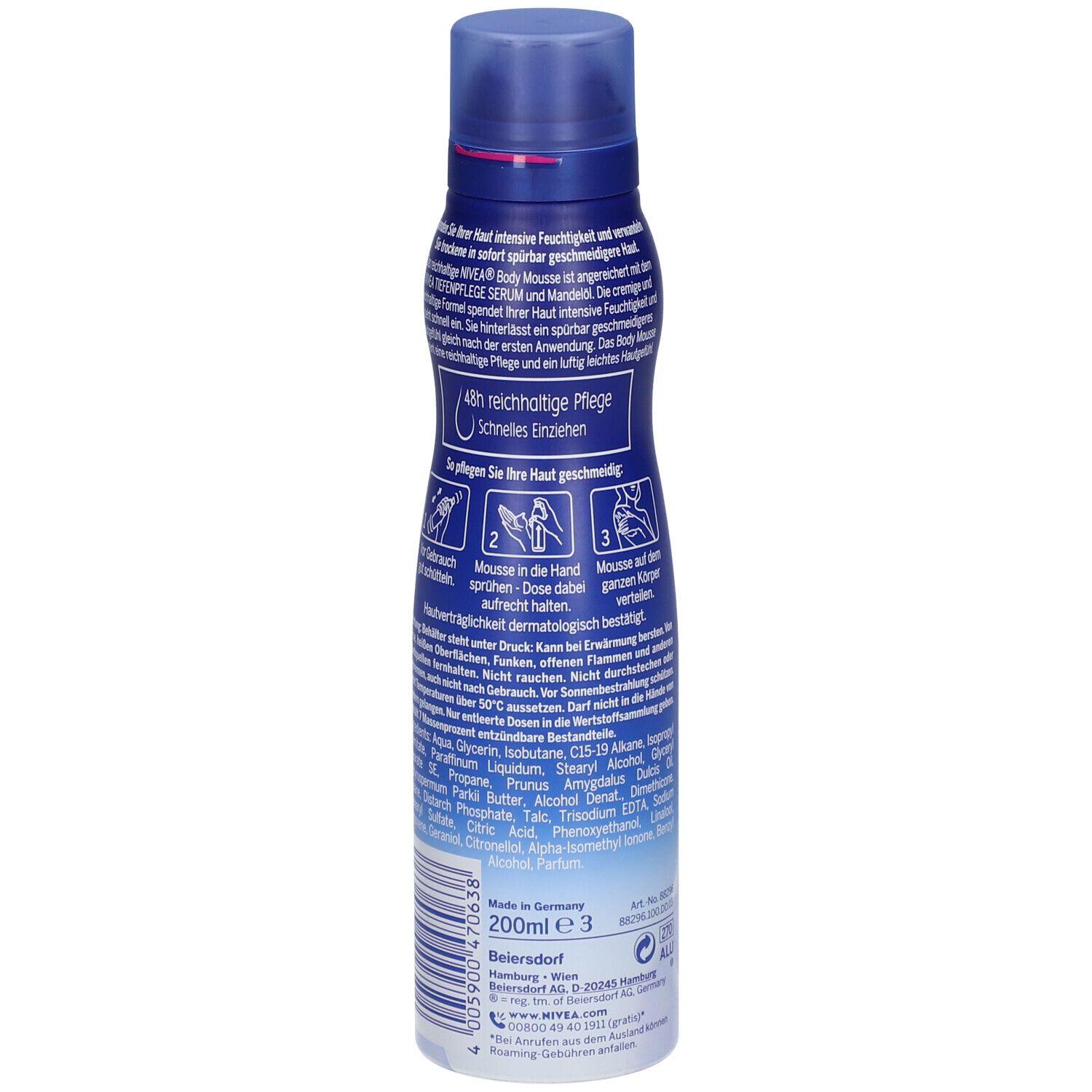 Blaue NIVEA Body Mousse Flasche. Rückseite mit Produktinformationen, Inhaltsstoffen und Anwendungsanleitung. 200ml.