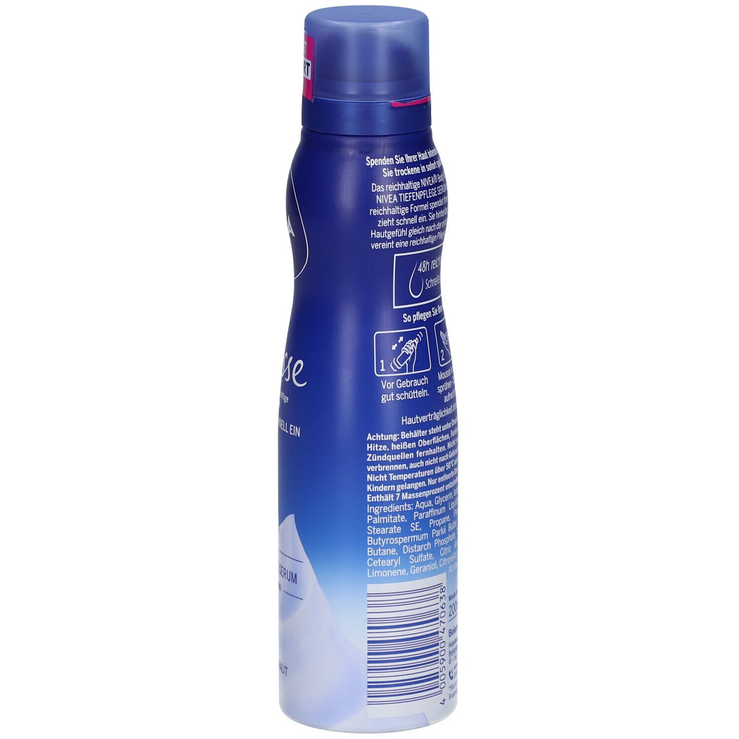 Blaue NIVEA Body Mousse Flasche. Rückseite mit Produktinformationen, Inhaltsstoffen und Anwendungsanleitung.