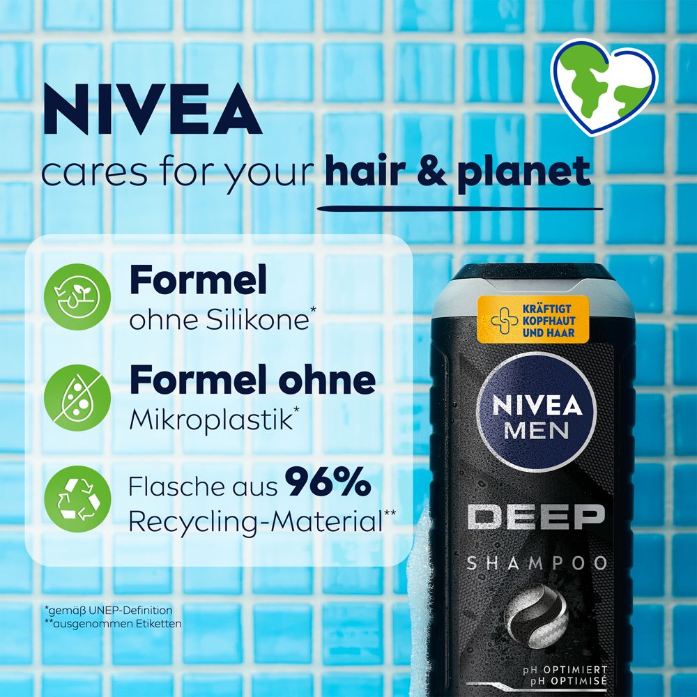 NIVEA MEN DEEP Shampoo: Formel ohne Silikone, Mikroplastik. Flasche aus Recycling-Material.
