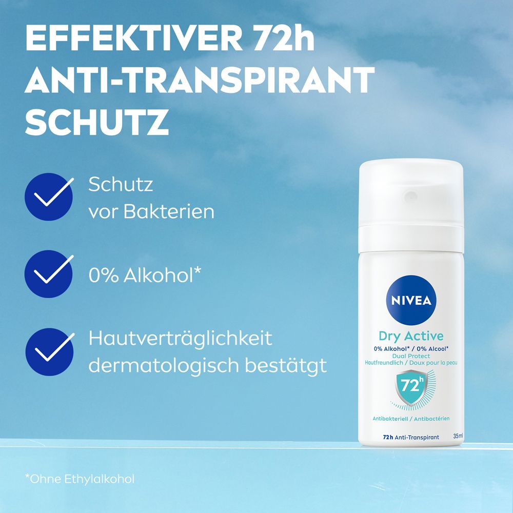 NIVEA Dry Active Deo Spray: 72h Schutz, antibakteriell, 0% Alkohol, hautverträglich.