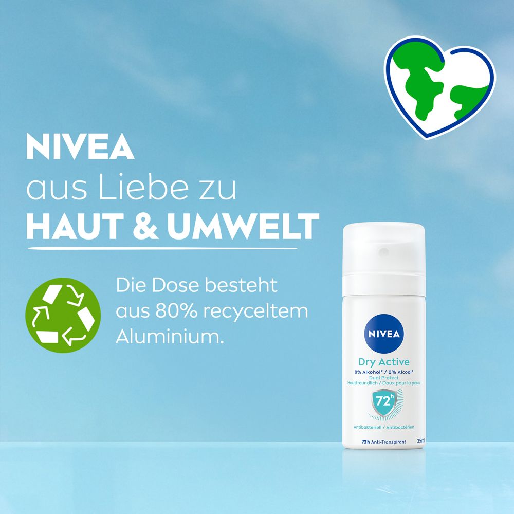 NIVEA Dry Active Deo Spray: Dose aus 80% recyceltem Aluminium, für Haut & Umwelt.