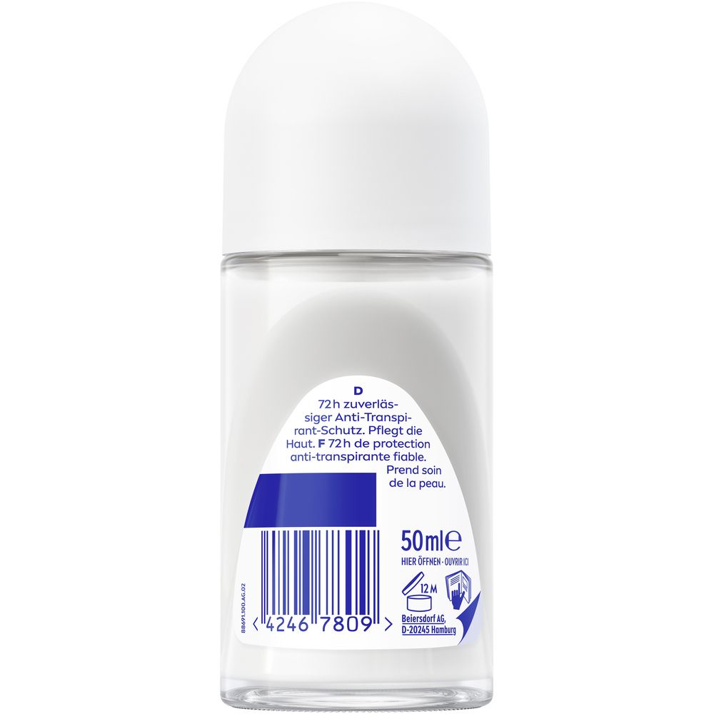 Rückseite NIVEA Dry Active Roll-on 50ml. 72h Schutz. Antibakteriell. Barcode und Produktinformationen.