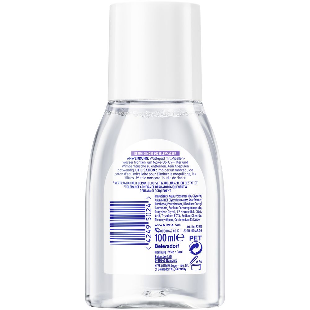 Rückseite NIVEA MicellAIR Skin Breathe Mizellenwasser, 100ml, mit Inhaltsstoffen und Barcode.