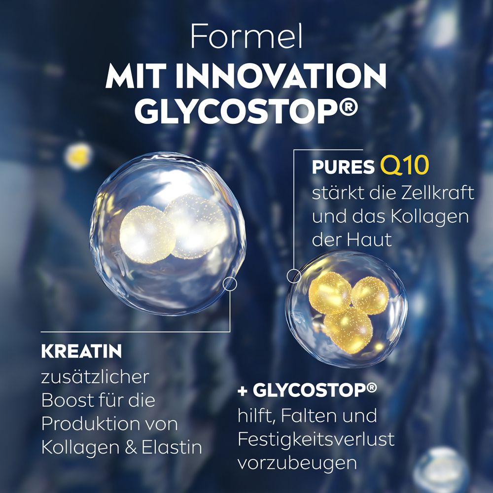 Grafik zur Formel von NIVEA Q10 Power Augenpflege mit Q10, Kreatin und Glycostop.