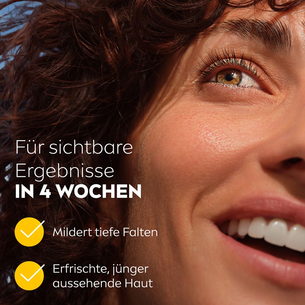 Nahaufnahme eines lächelnden Gesichts mit Text über sichtbare Ergebnisse in 4 Wochen.
