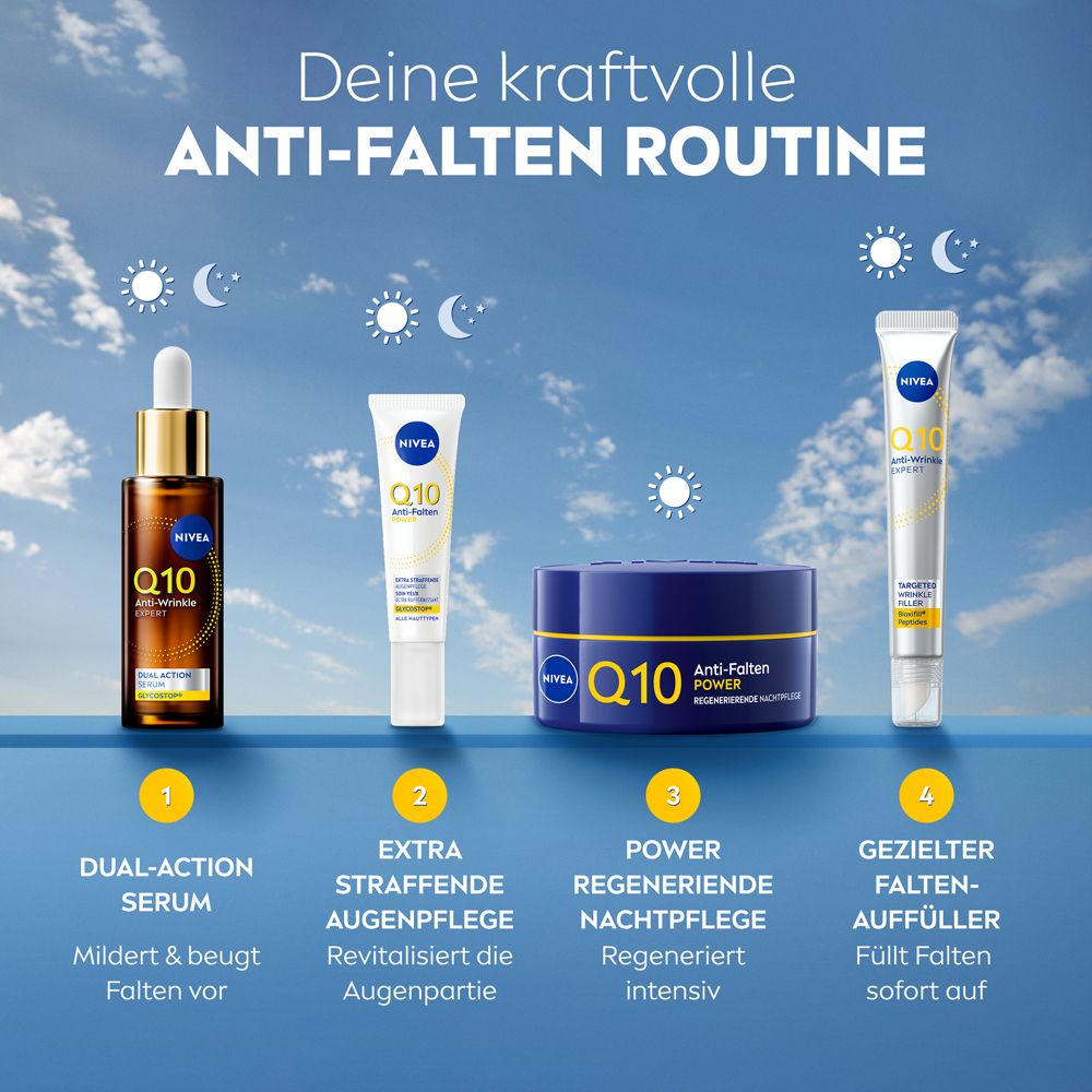 NIVEA Q10 Power Anti-Falten Nachtpflege im blauen Tiegel mit Chargennummer.