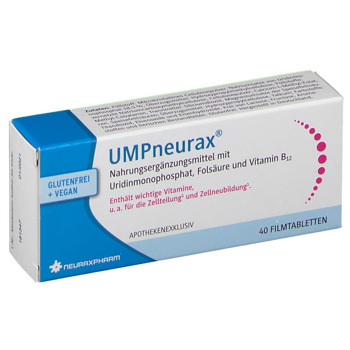 Schachtel UMPneurax, Nahrungsergänzungsmittel mit Uridinmonophosphat, Folsäure und Vitamin B12. Enthält 40 Filmtabletten.