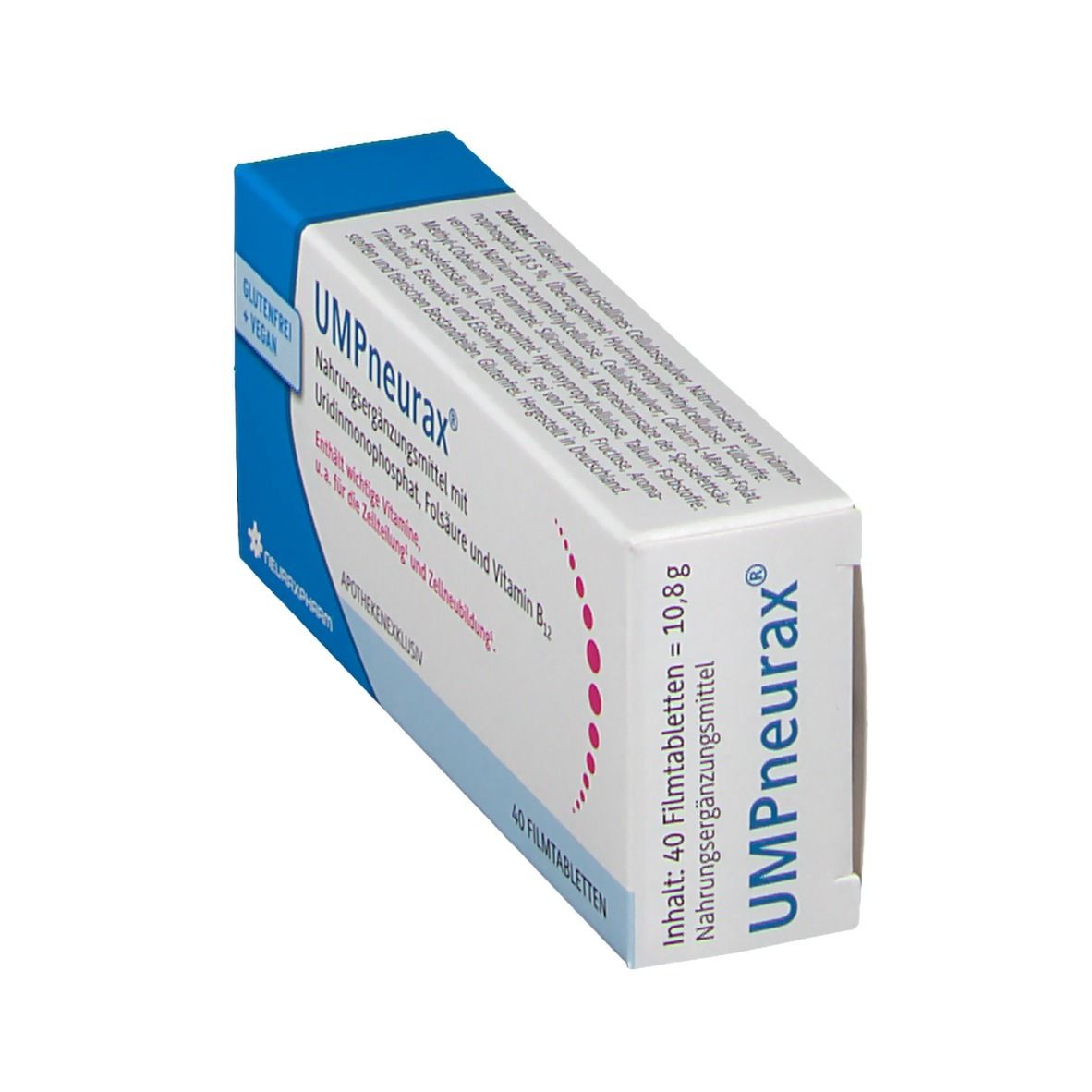 Schachtel UMPneurax, Nahrungsergänzungsmittel. Enthält 40 Filmtabletten. Blaue und weiße Verpackung, schräge Ansicht.