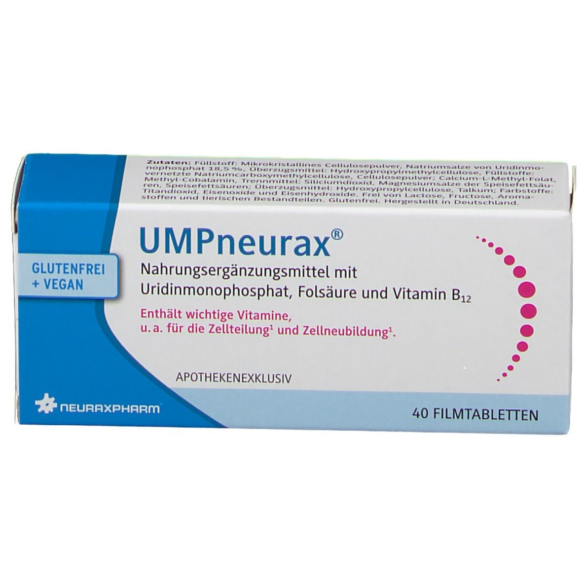 UMPneurax-Schachtel, Nahrungsergänzungsmittel mit Uridinmonophosphat, Folsäure und Vitamin B12. 40 Filmtabletten.