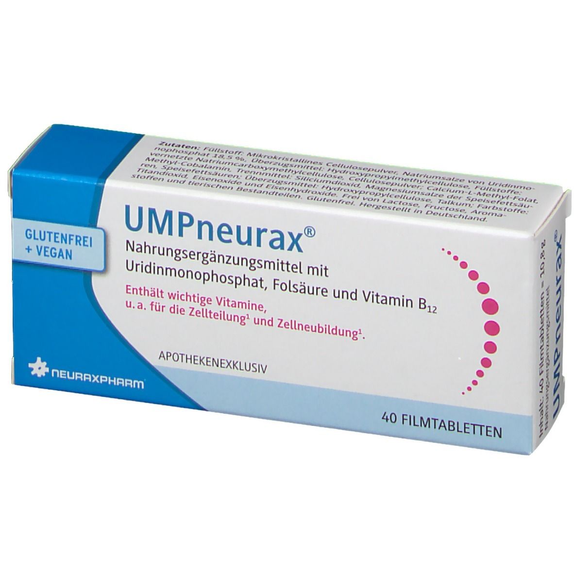 UMPneurax-Schachtel, Nahrungsergänzungsmittel mit Uridinmonophosphat, Folsäure und Vitamin B12. 40 Filmtabletten.