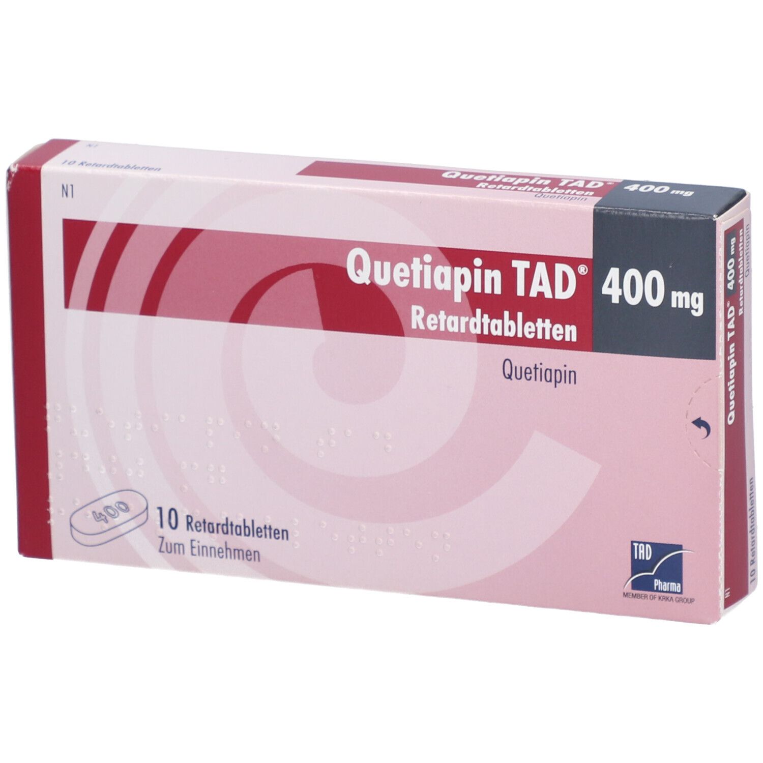 Schachtel mit Quetiapin TAD 400 mg Retardtabletten. Aufdruck: 10 Retardtabletten, 400 mg. Rote und weiße Farbgebung.