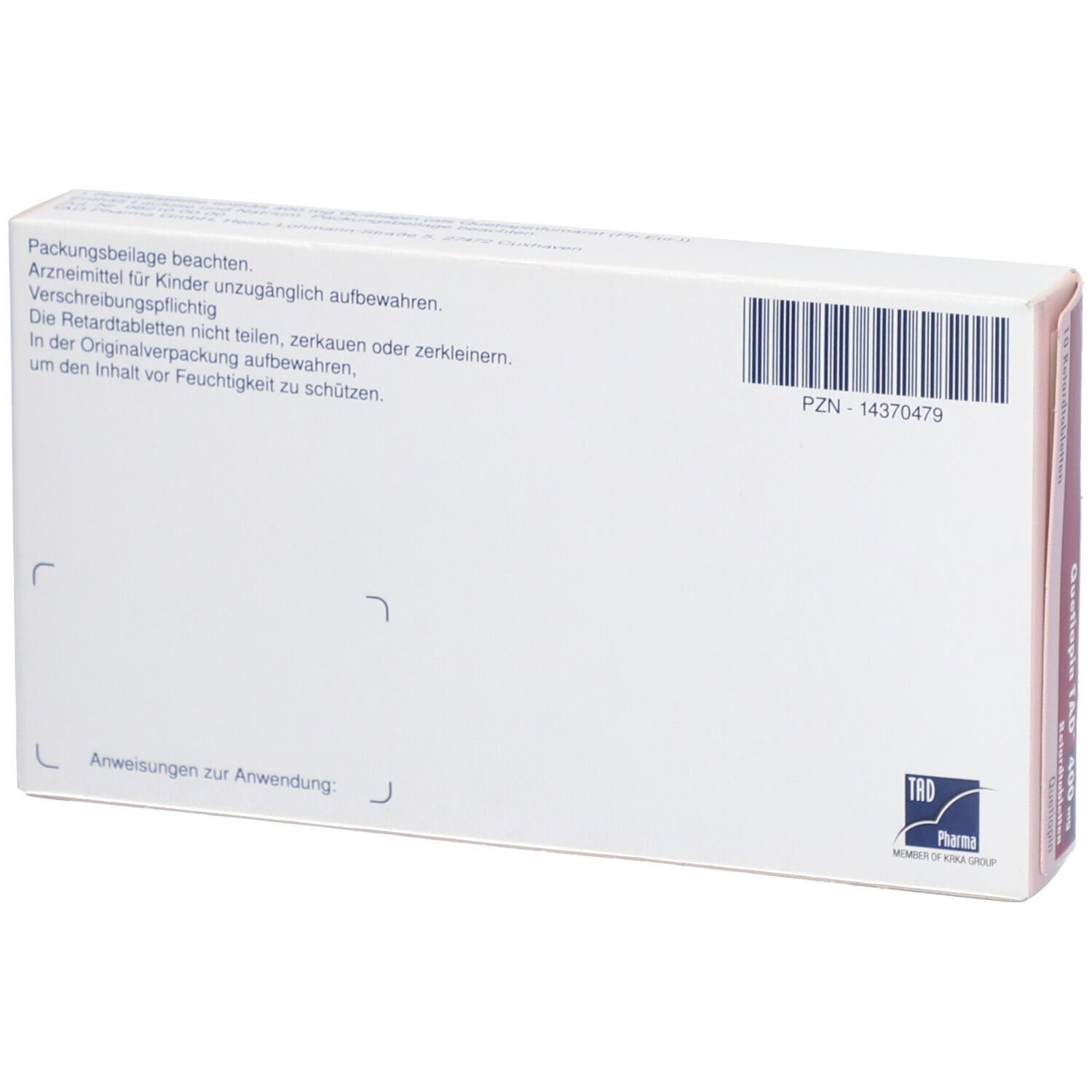 Rückseite der Quetiapin TAD 400 mg Schachtel. Aufdruck: PZN-Nummer, Text in deutscher Sprache. Farbgebung: Weiß und Blau.