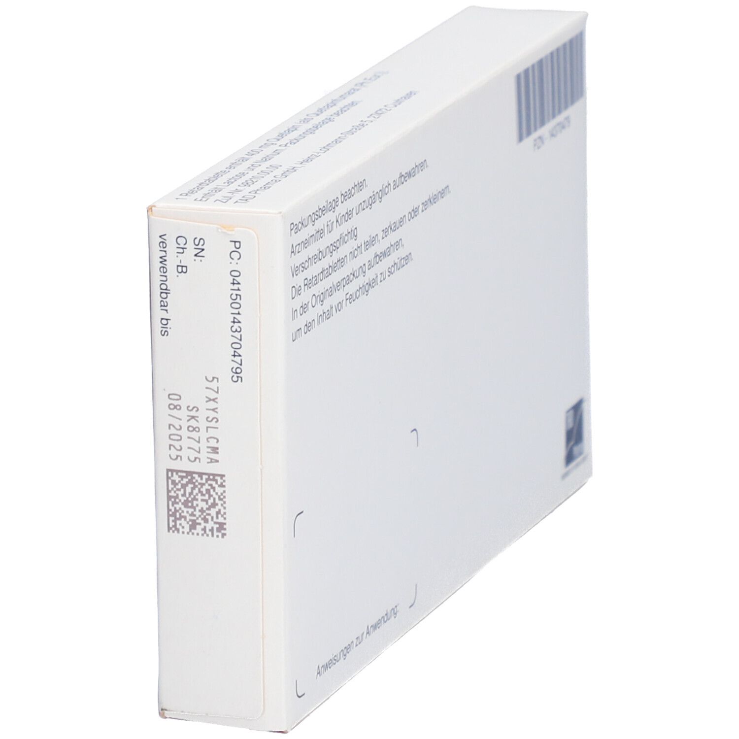 Seitenansicht der Quetiapin TAD 400 mg Schachtel. Aufdruck: Chargennummer, Verfallsdatum. Farbgebung: Weiß und Blau.