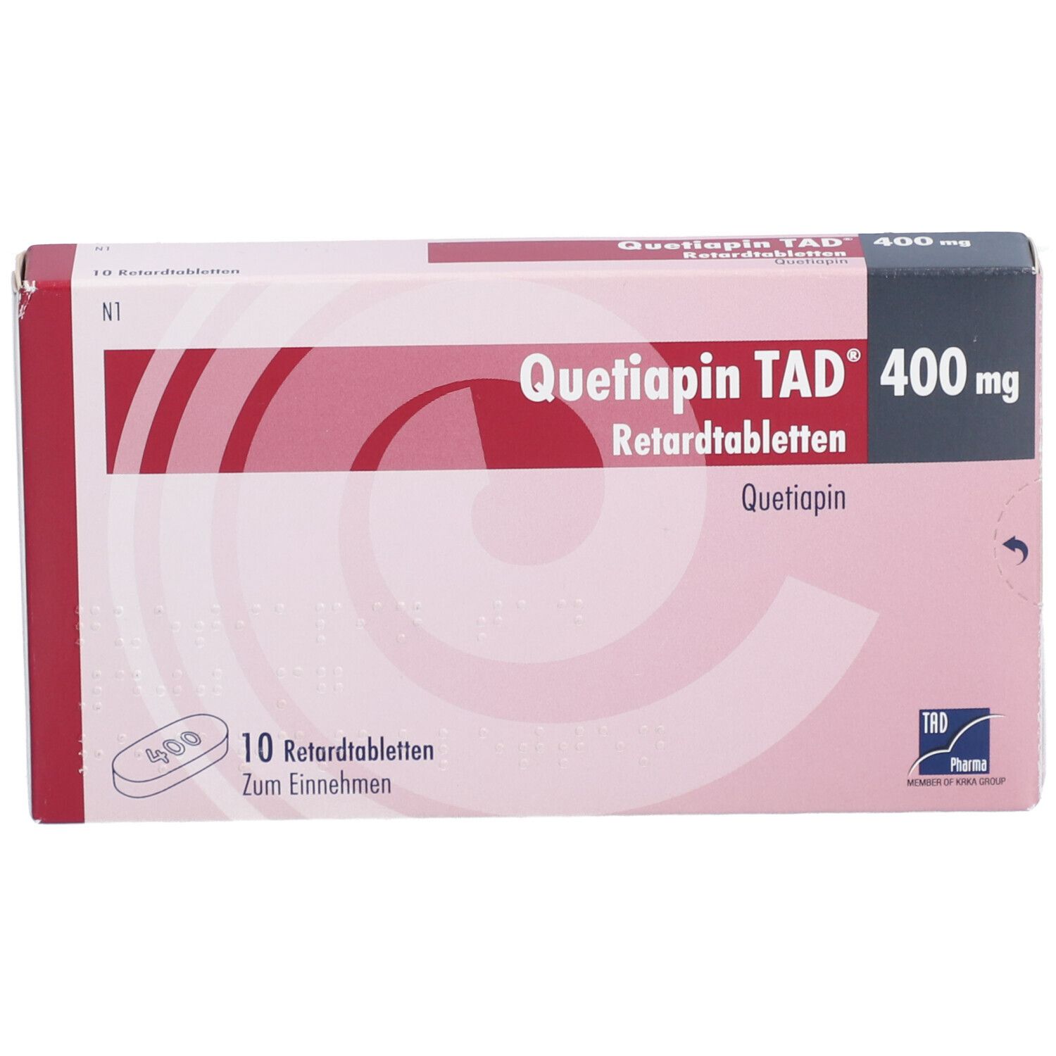 Quetiapin TAD 400 mg Schachtel. Aufdruck: 10 Retardtabletten, 400 mg. Rote und weiße Farbgebung. Marke TAD Pharma.