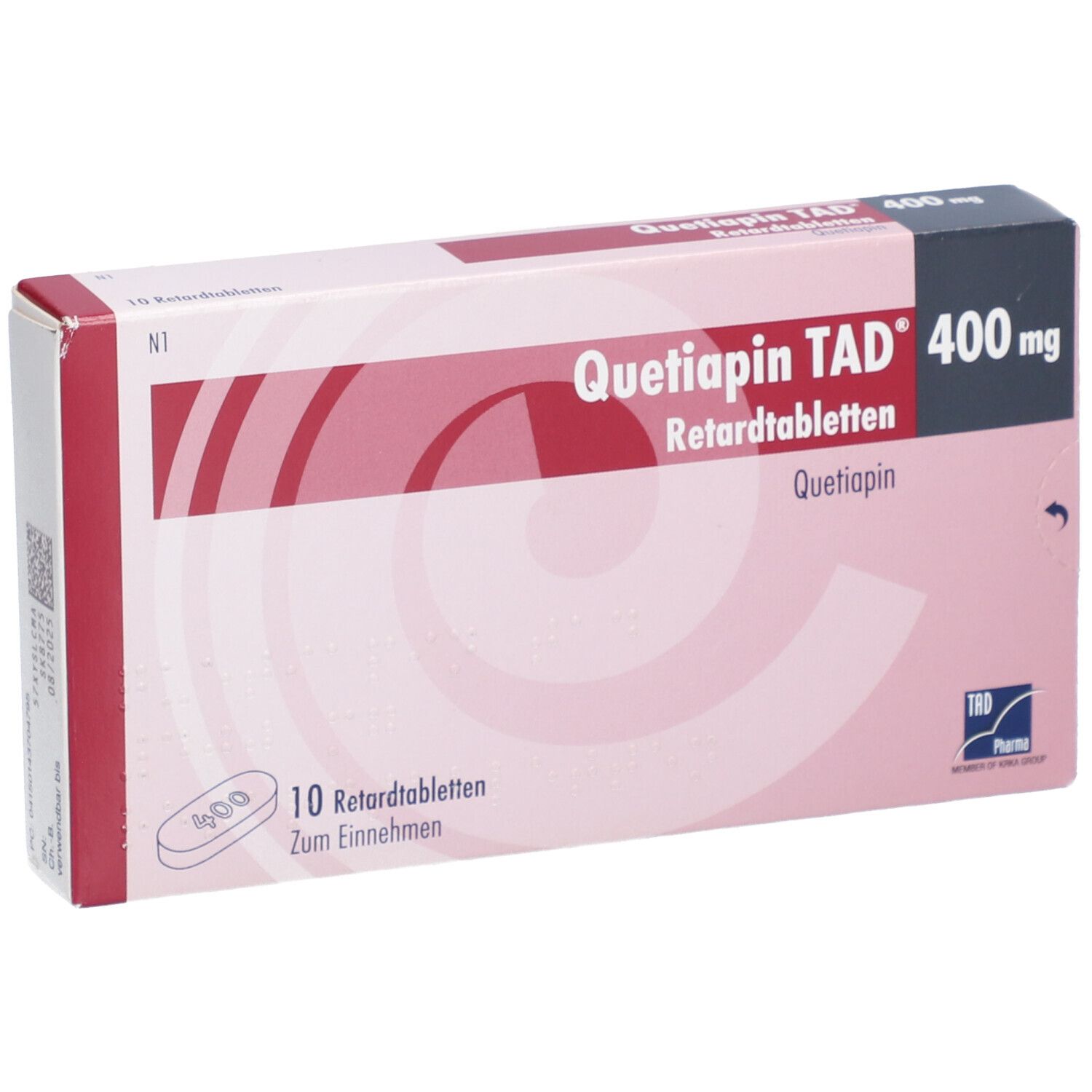 Quetiapin TAD 400 mg Schachtel. Aufdruck: 10 Retardtabletten, 400 mg. Rote und weiße Farbgebung. Marke TAD Pharma.