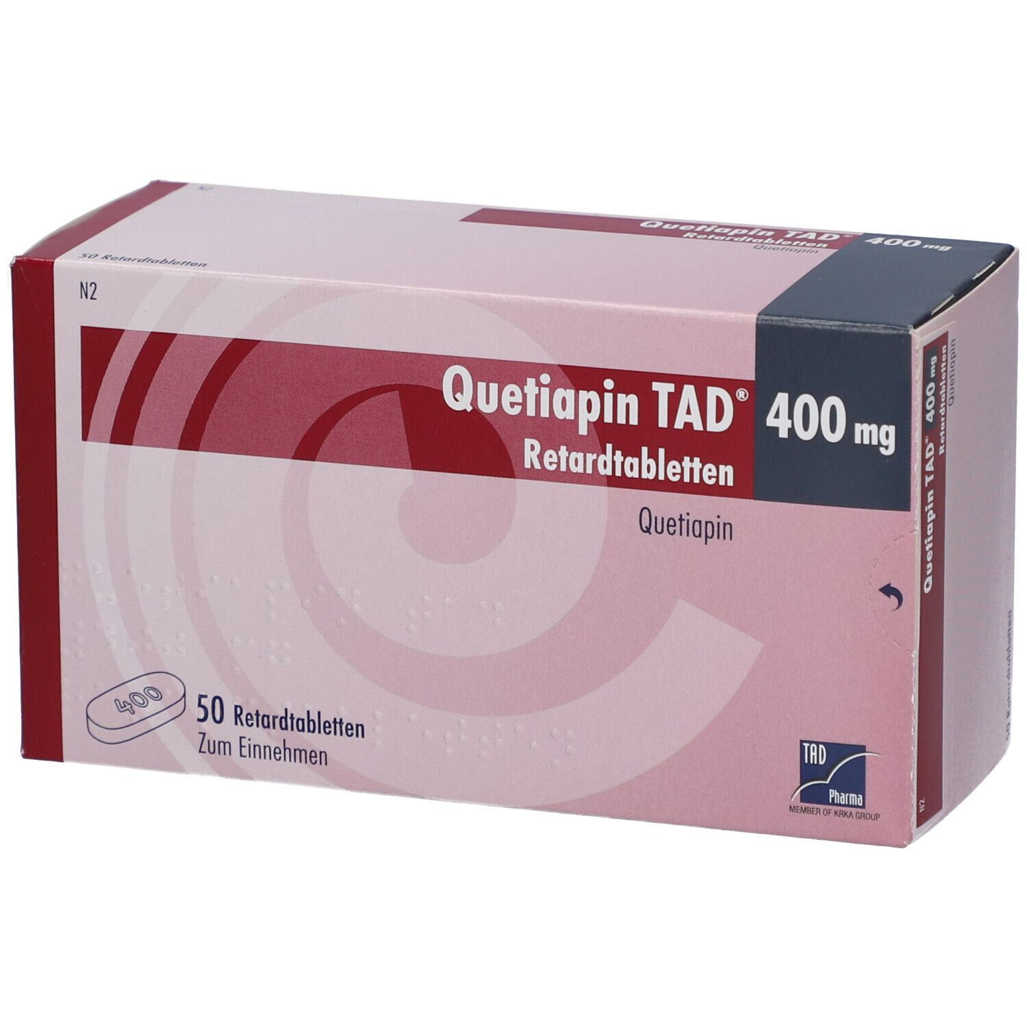 Schachtel Quetiapin TAD® 400 mg. Aufschrift: Retardtabletten, 50 Tabletten. Logo TAD Pharma.