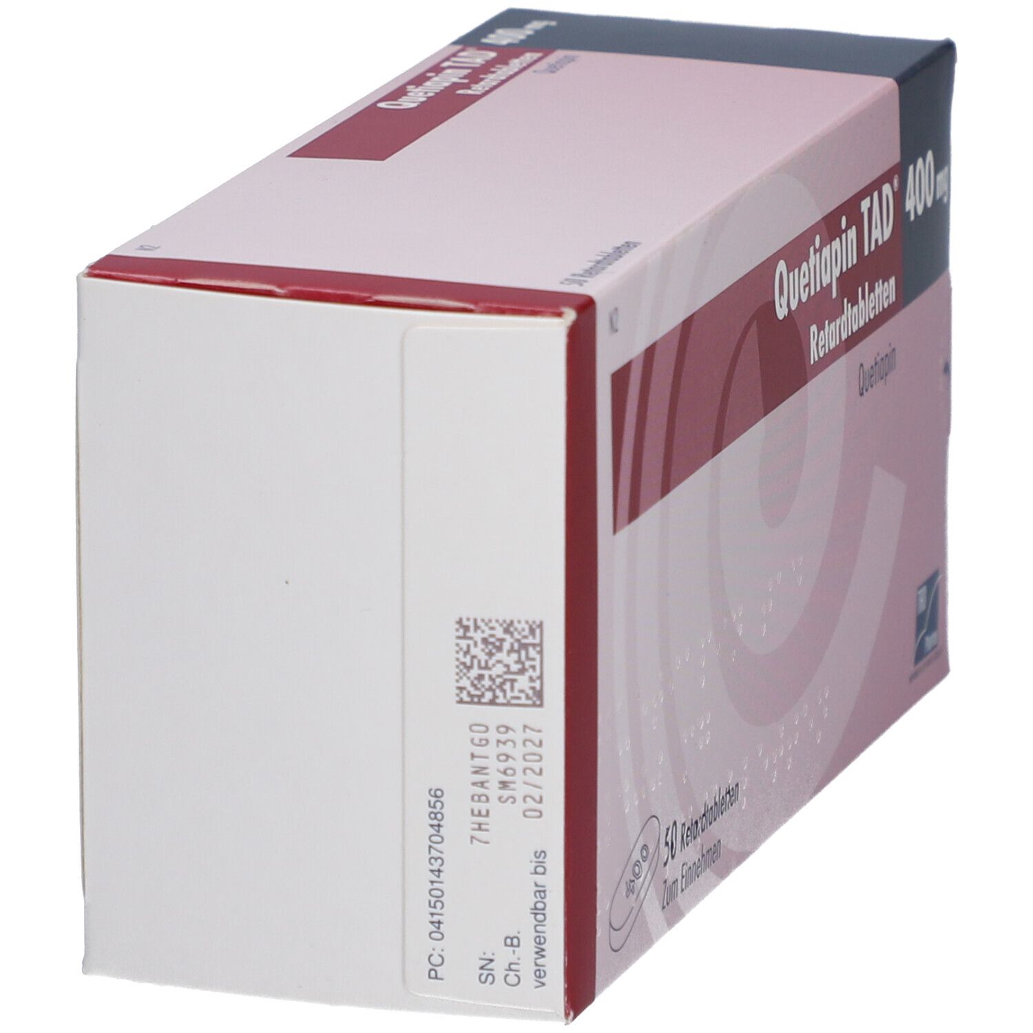 Schachtel Quetiapin TAD® 400 mg. Seitenansicht. Aufschrift: Retardtabletten. Logo TAD Pharma. Barcode und Chargennummer.