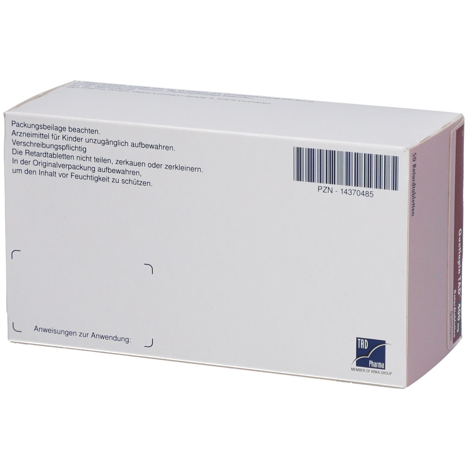 Rückseite der Schachtel Quetiapin TAD® 400 mg. Aufschrift: Packungsbeilage beachten. Barcode und PZN-Nummer.
