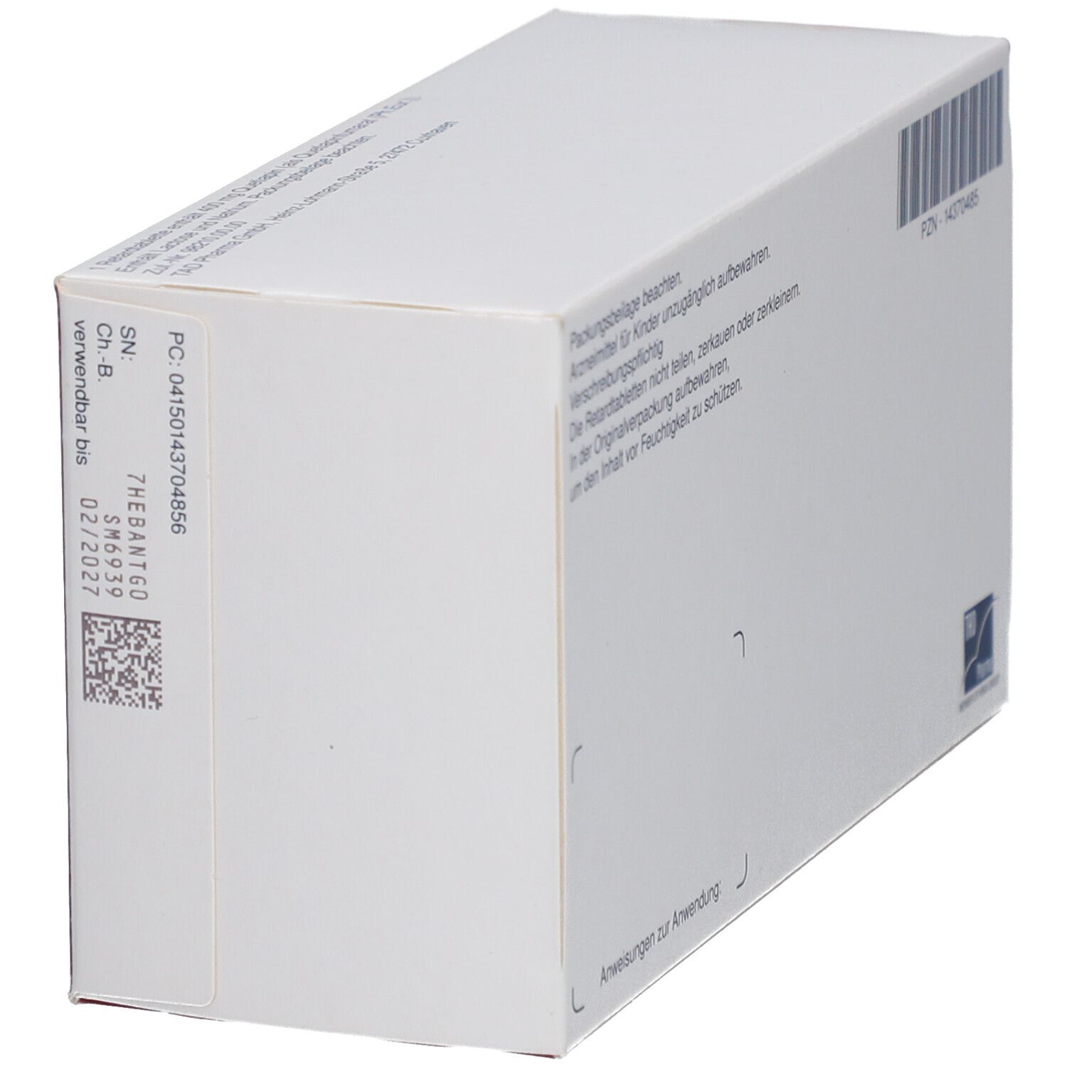 Seitenansicht der Schachtel Quetiapin TAD® 400 mg. Aufschrift: Packungsbeilage beachten. Barcode und Chargennummer.
