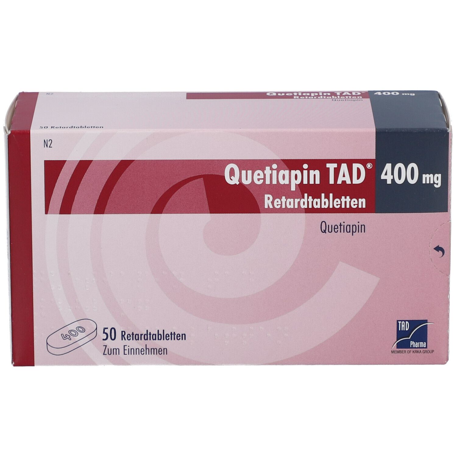 Schachtel Quetiapin TAD® 400 mg. Aufschrift: Retardtabletten, 50 Tabletten. Logo TAD Pharma.