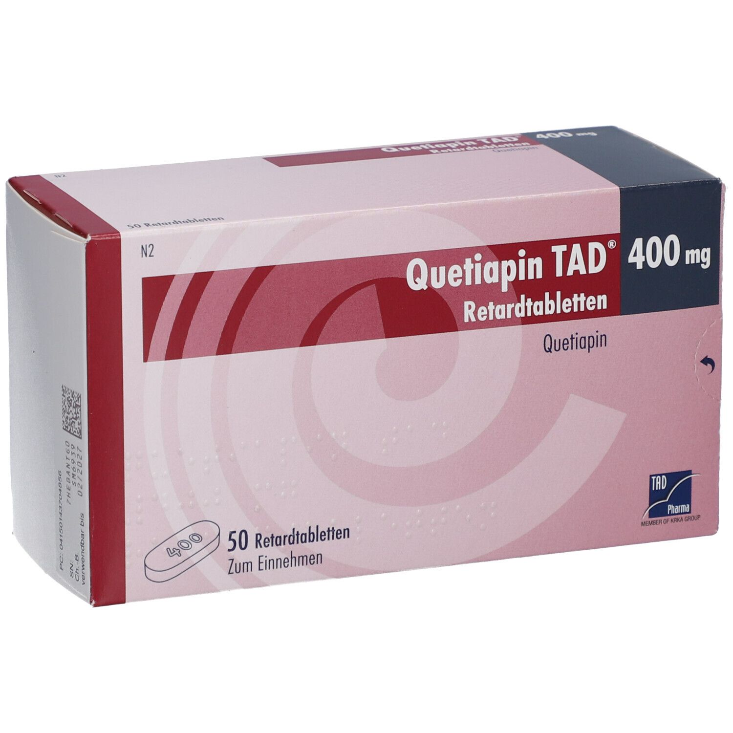 Schachtel Quetiapin TAD® 400 mg. Aufschrift: Retardtabletten, 50 Tabletten. Logo TAD Pharma. Seitenansicht mit Chargennummer.
