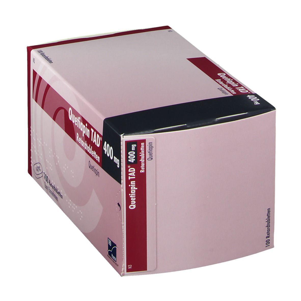 Quetiapin TAD® 400 mg-Packung. Schachtel in roter und weißer Farbgebung mit Produktnamen und Dosierung.