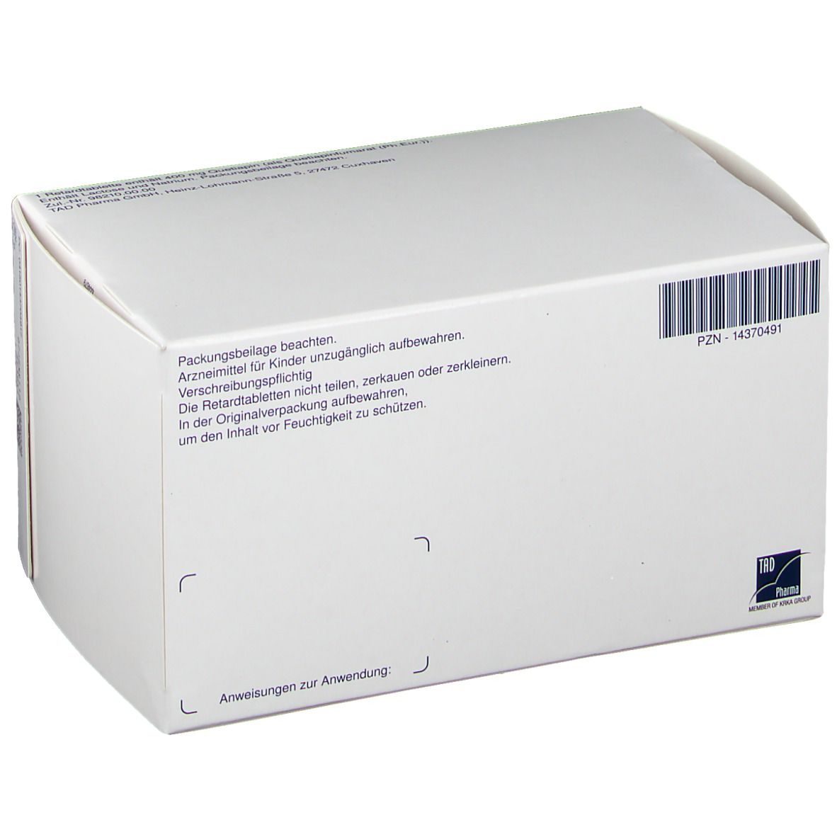 Rückseite der Quetiapin TAD® 400 mg-Packung. Weiße Schachtel mit Text und Barcode.