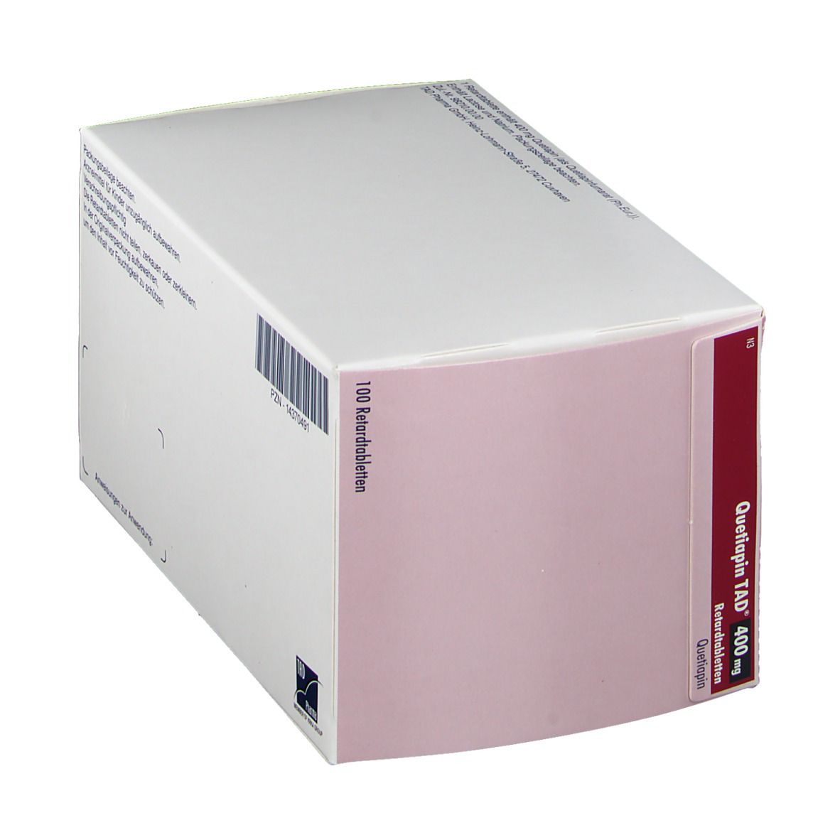 Quetiapin TAD® 400 mg-Packung. Weiße Schachtel mit rotem Akzent und Produktinformationen.