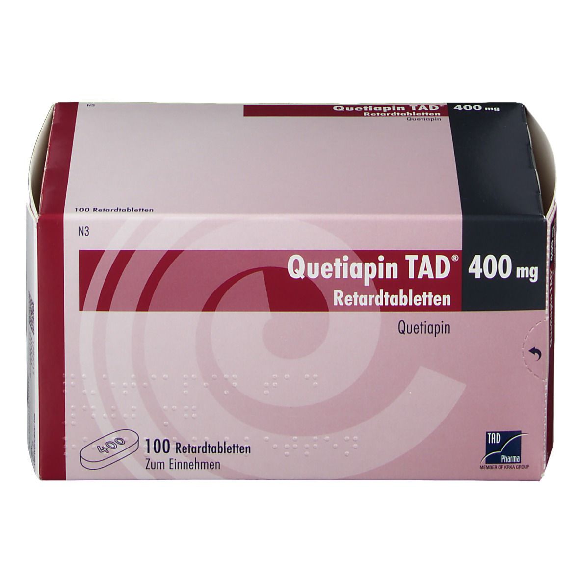Quetiapin TAD® 400 mg-Packung. Rote und weiße Schachtel mit Produktnamen, Dosierung und Tablettenabbildung.