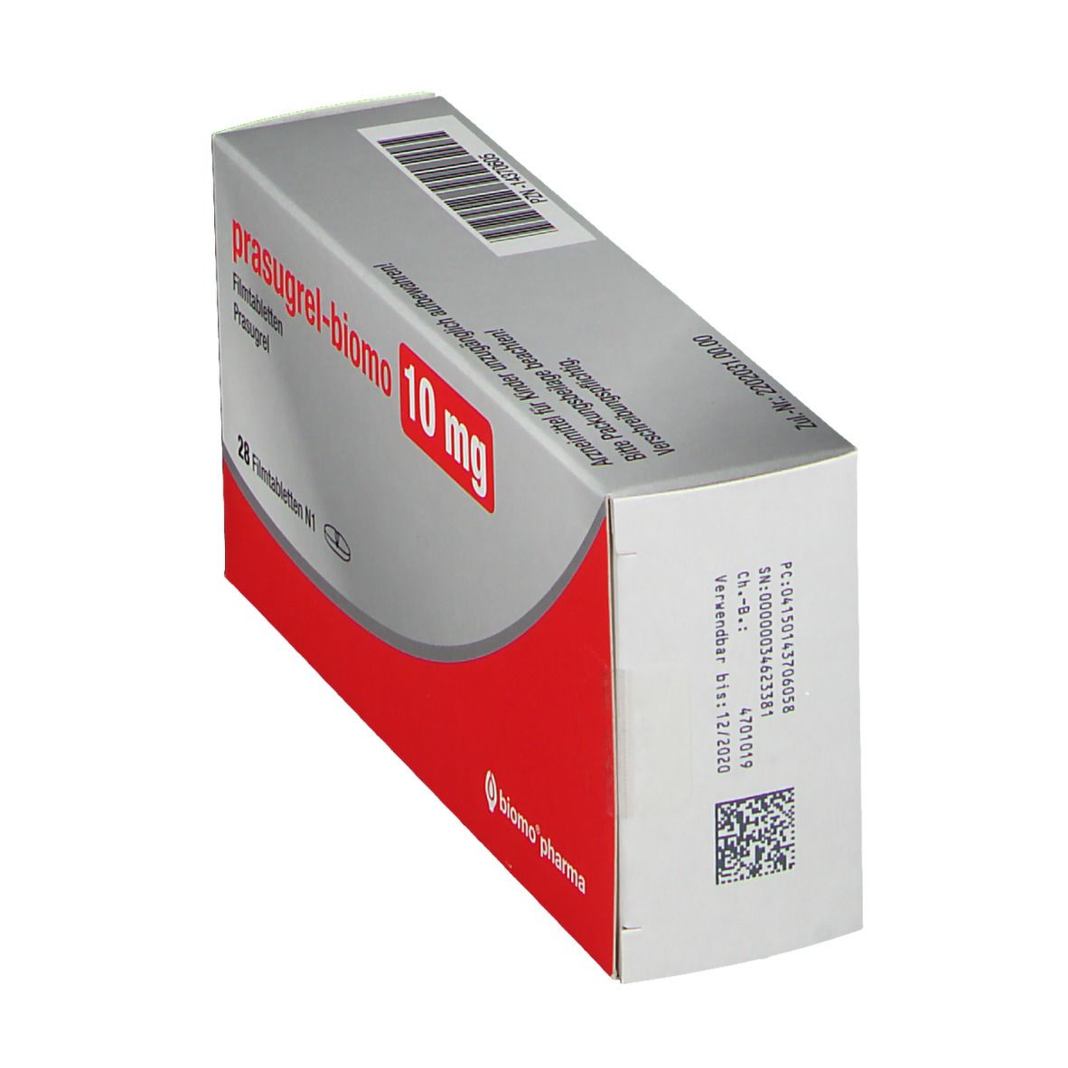 Schachtel prasugrel-biomo 10 mg. Rote und graue Verpackung mit Produktnamen und Dosierung. Enthält 28 Filmtabletten.