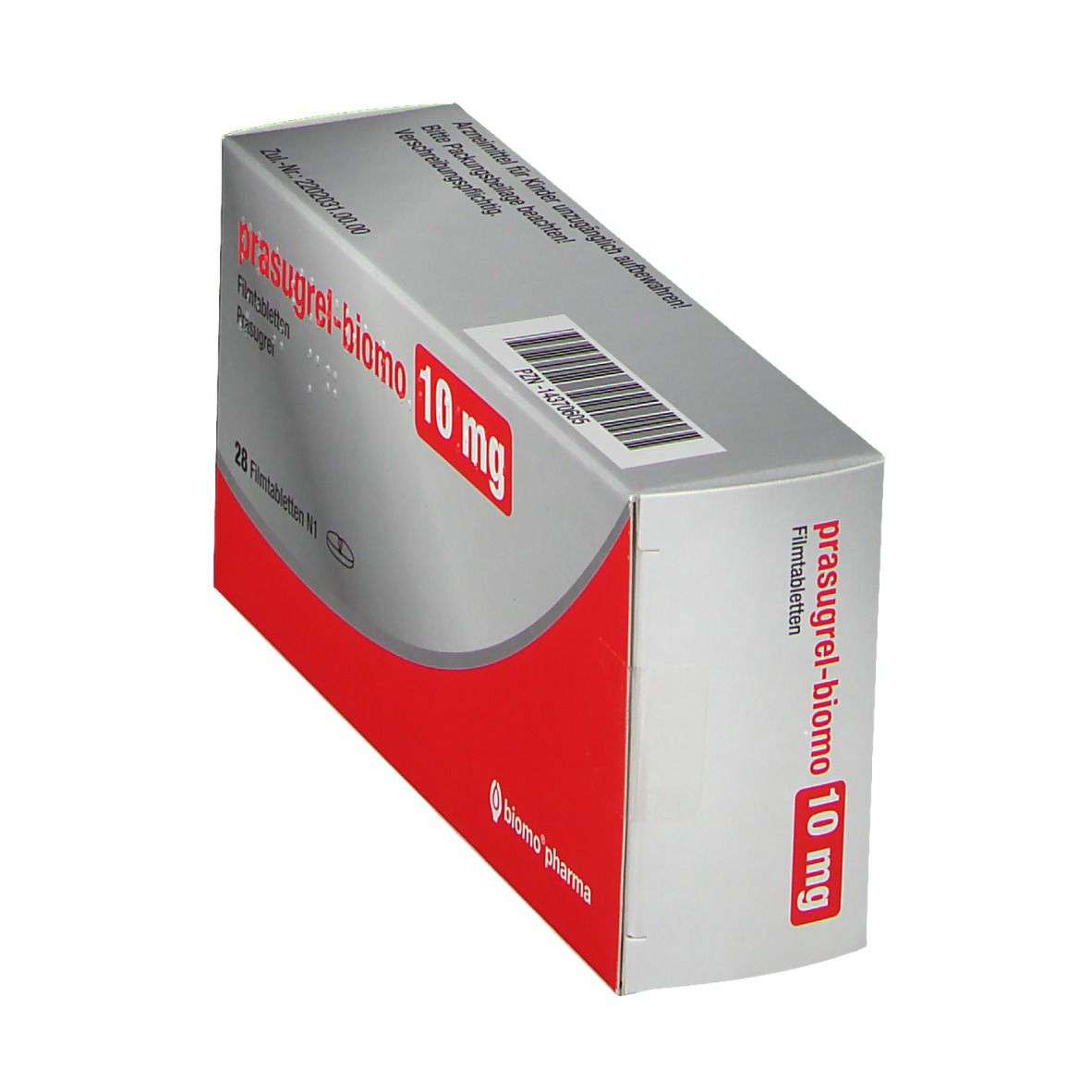 Schachtel prasugrel-biomo 10 mg. Rote und graue Verpackung mit Produktnamen und Dosierung. Enthält 28 Filmtabletten.