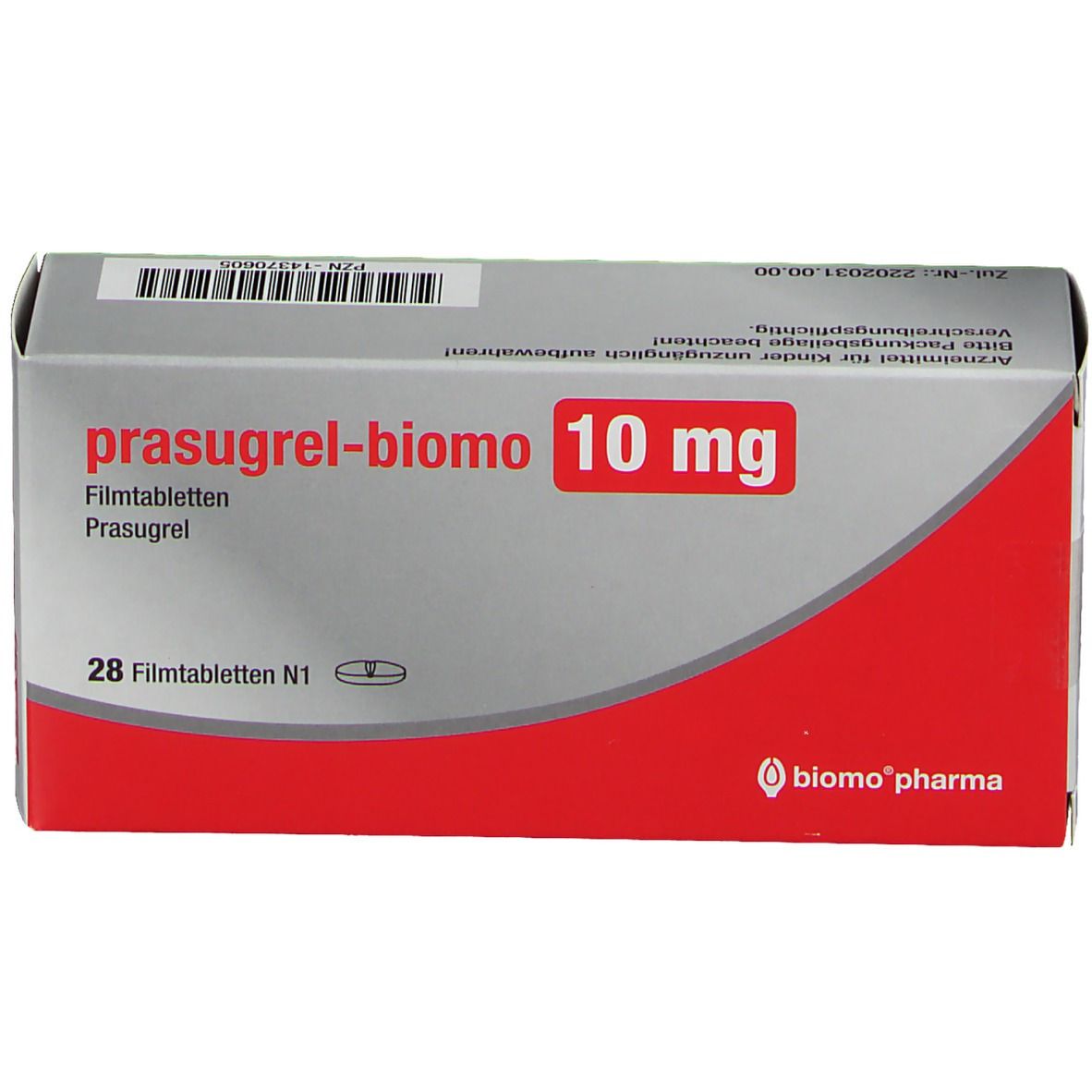 Schachtel prasugrel-biomo 10 mg. Graue Verpackung mit rotem Streifen. Enthält 28 Filmtabletten. Biomo pharma Logo.