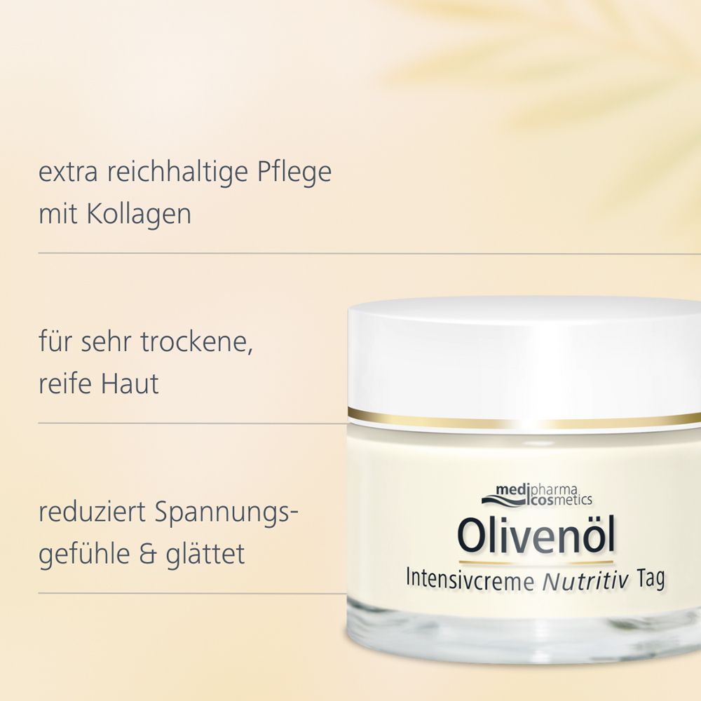 Creme-Tiegel. Text: Olivenöl Intensivcreme Nutritiv Tag. Text: extra reichhaltige Pflege mit Kollagen. Für sehr trockene Haut.