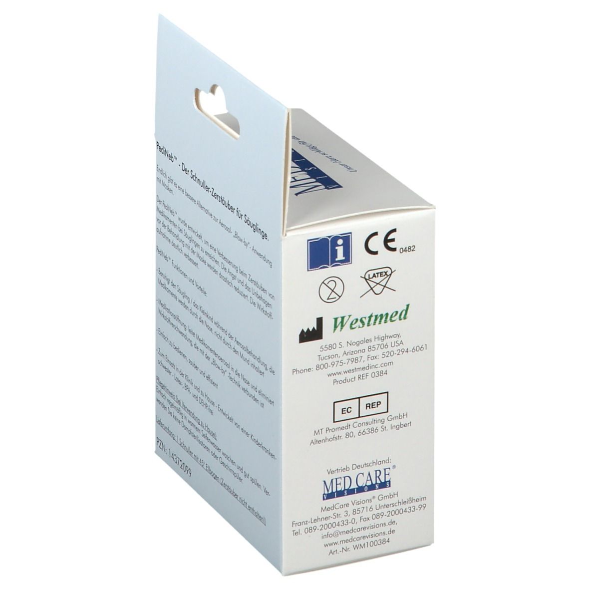 Seite der PediNeb-Verpackung. Text auf Deutsch. Logo, Herstellerinformationen und Zertifizierungen.