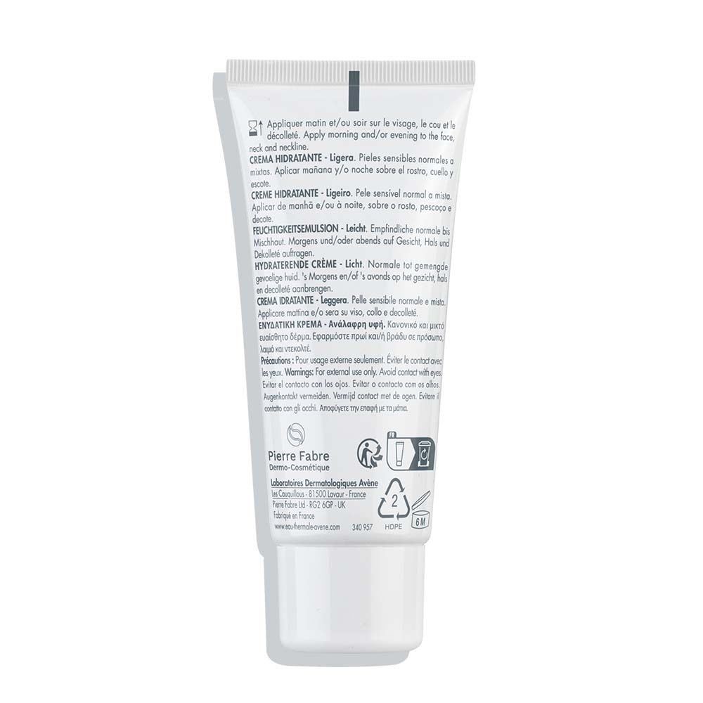 Rückseite der weißen Tube Avène Hydrance Light. Text in mehreren Sprachen.