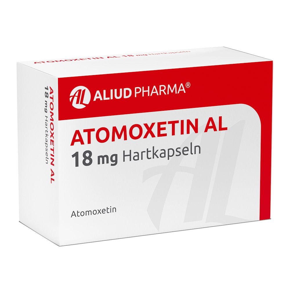 Weiße Schachtel mit rotem Deckel. Aufschrift: Atomoxetin AL 18 mg Hartkapseln. Marke: AL. 
