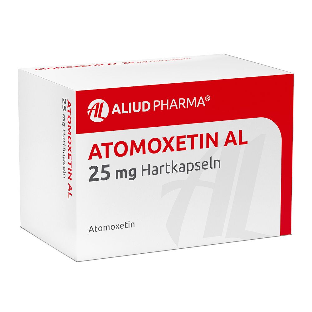 Schachtel mit Atomoxetin AL 25 mg Hartkapseln. Roter Streifen oben, weißer Hintergrund. AL-Logo.