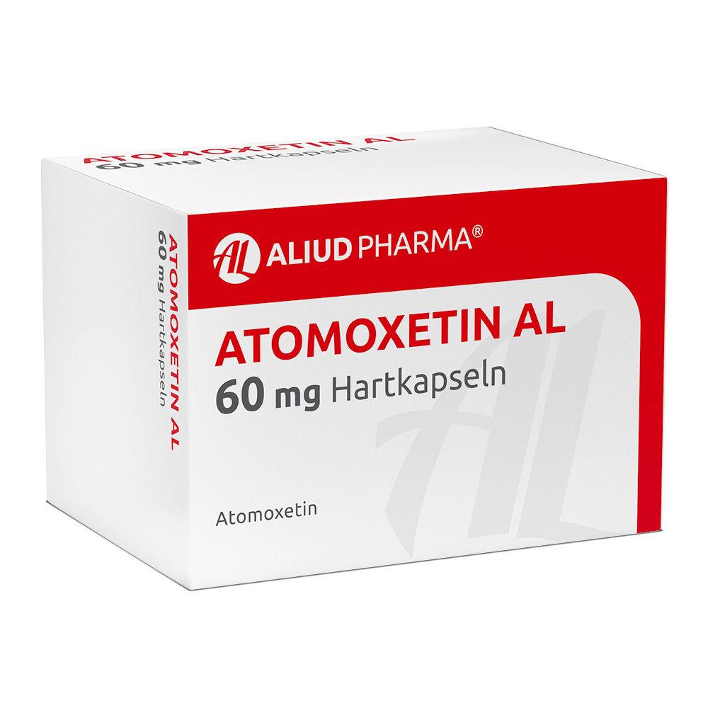 Weiße Schachtel mit rotem Deckel. Aufschrift: ATOMOXETIN AL 60 mg Hartkapseln. Logo: AL, ALIUD PHARMA.