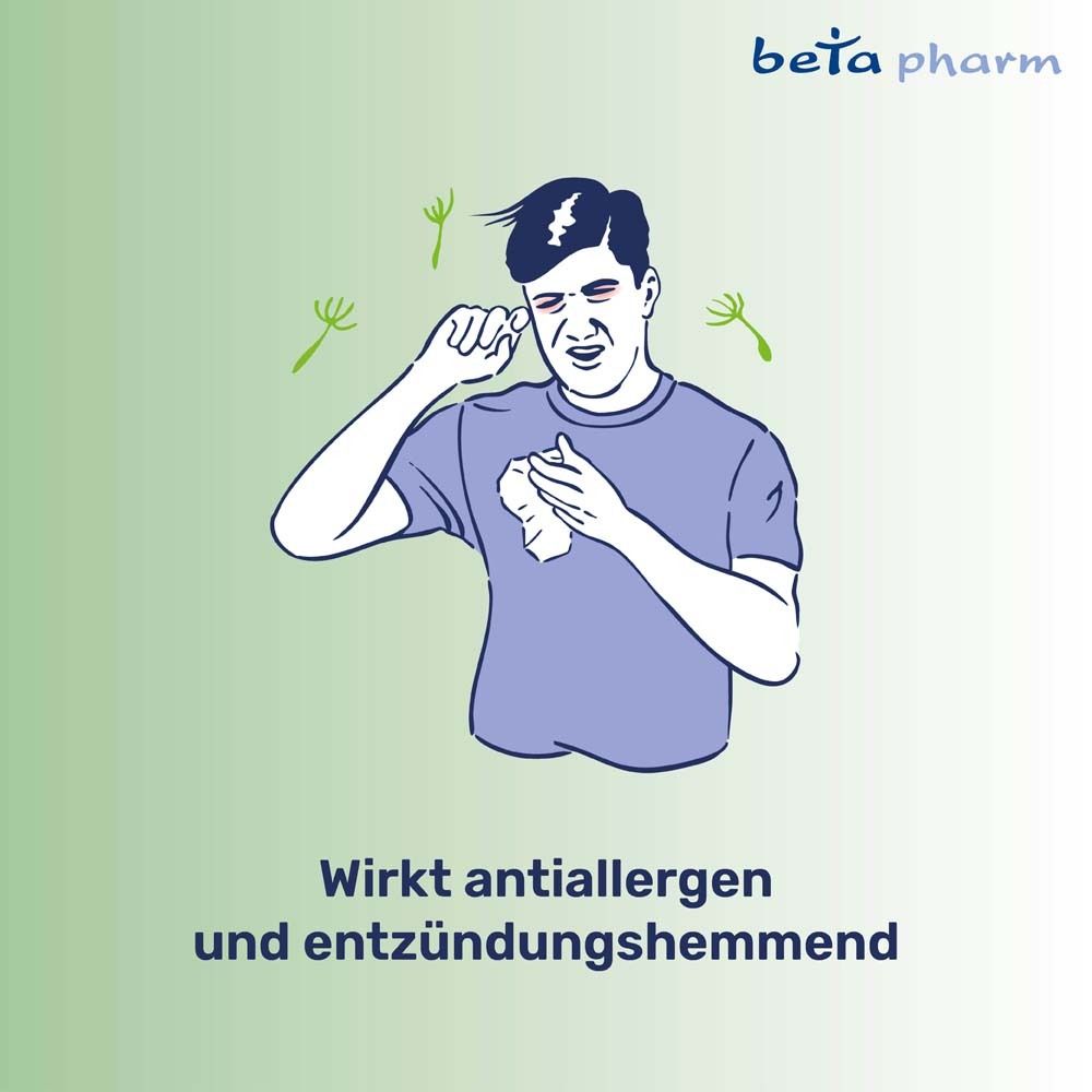 Illustration einer Person mit Heuschnupfensymptomen. Text: Wirkt antiallergisch und entzündungshemmend. Logo: beta pharm.