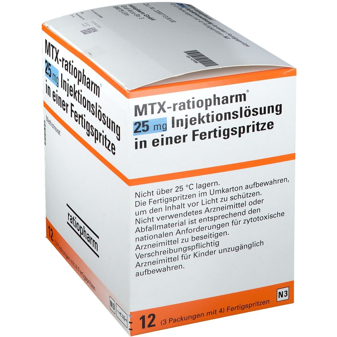 Verpackung von MTX-ratiopharm® 25 mg Injektionslösung. Aufschrift: 25 mg Injektionslösung in einer Fertigspritze. 12 Fertigspritzen.