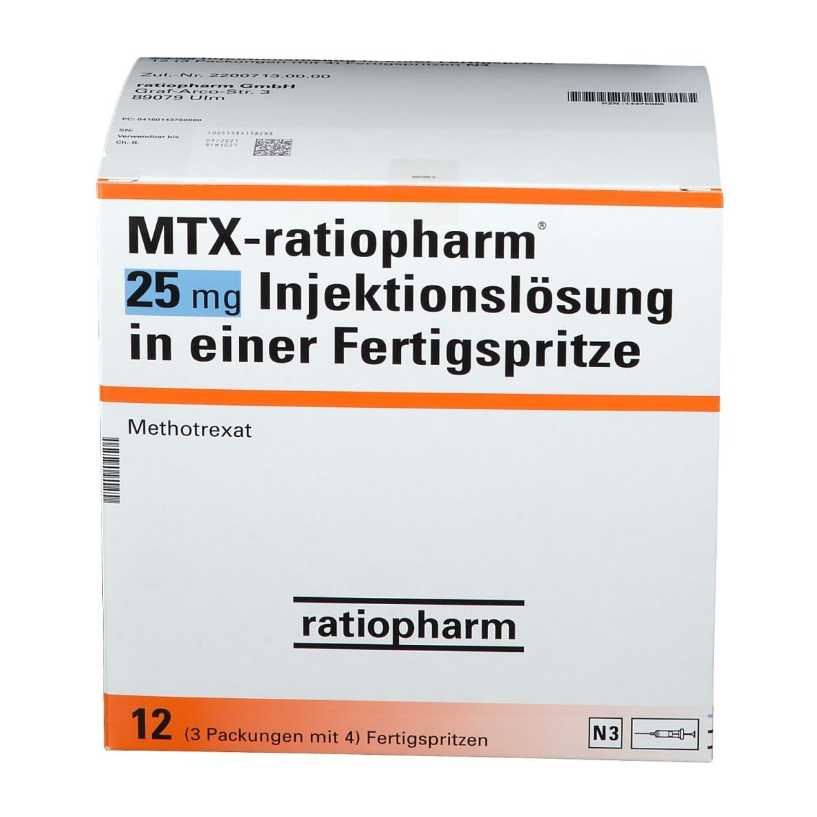 Verpackung von MTX-ratiopharm® 25 mg Injektionslösung. Aufschrift: 25 mg Injektionslösung in einer Fertigspritze. 12 Fertigspritzen.