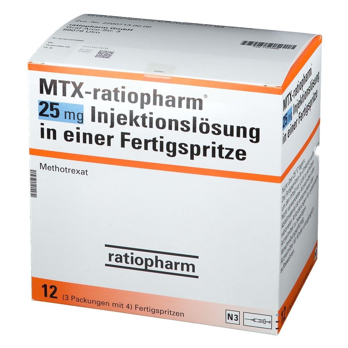 Verpackung von MTX-ratiopharm® 25 mg Injektionslösung. Aufschrift: 25 mg Injektionslösung in einer Fertigspritze. 12 Fertigspritzen.