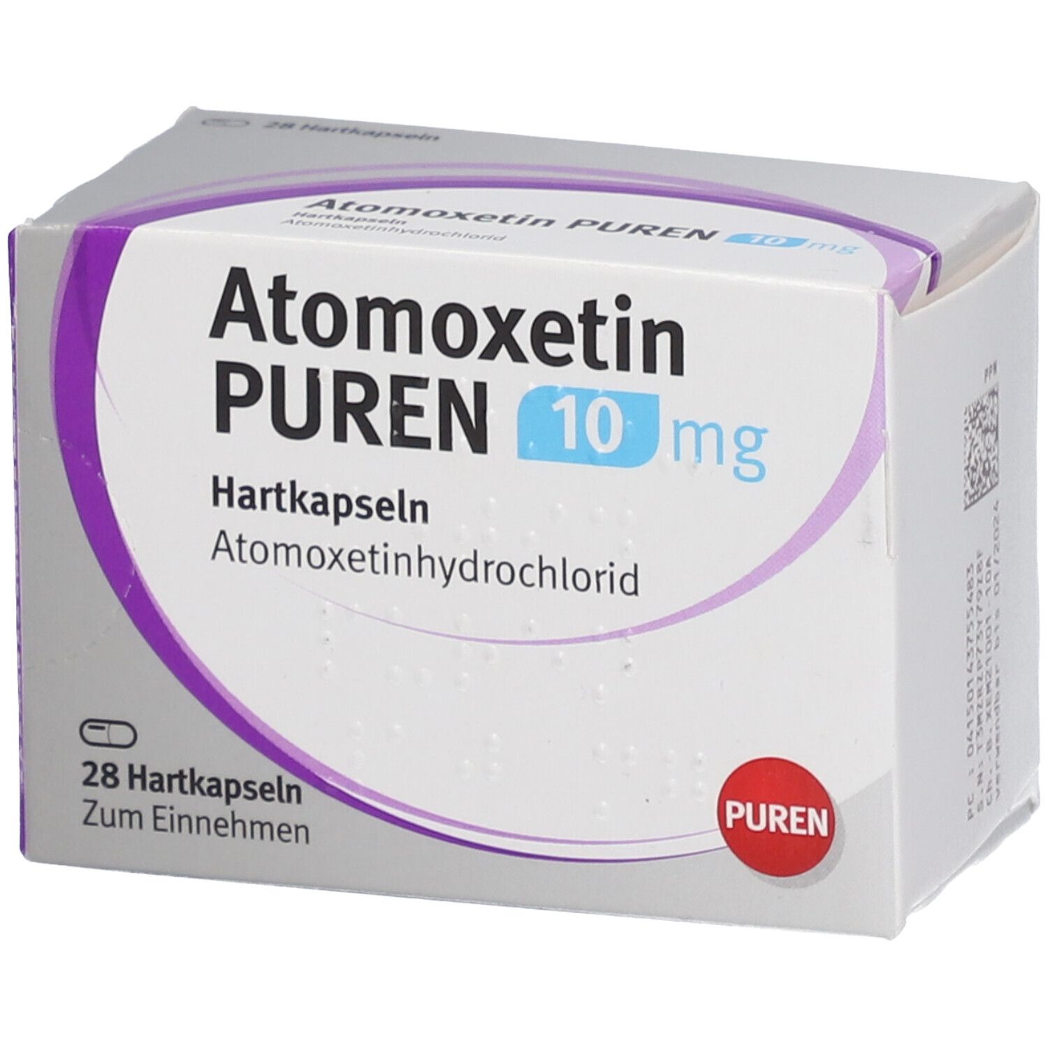 Atomoxetin PUREN 10 mg, 28 Hartkapseln. Weiße Schachtel mit lila Akzenten. Schriftzug und Logo deutlich sichtbar.