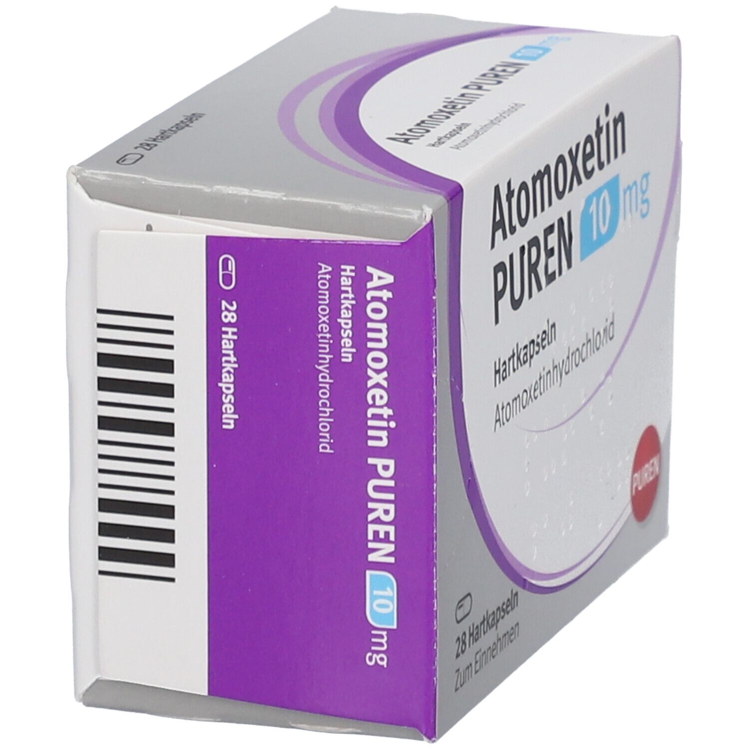 Atomoxetin PUREN 10 mg-Verpackung. Weiße Schachtel mit lila Akzenten. Text und Logo deutlich sichtbar. 28 Hartkapseln.