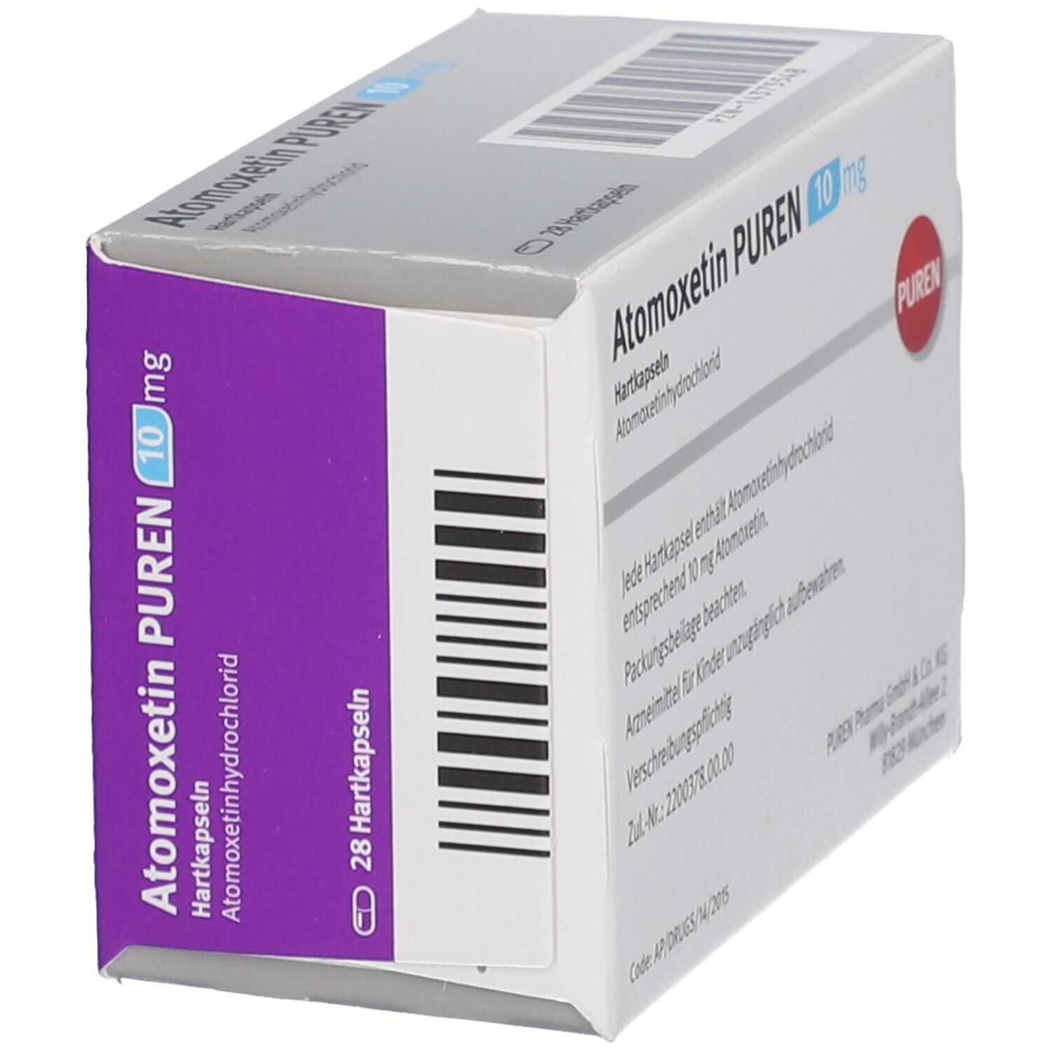 Atomoxetin PUREN 10 mg-Verpackung. Weiße Schachtel mit Text und Logo. 28 Hartkapseln. Detailansicht.