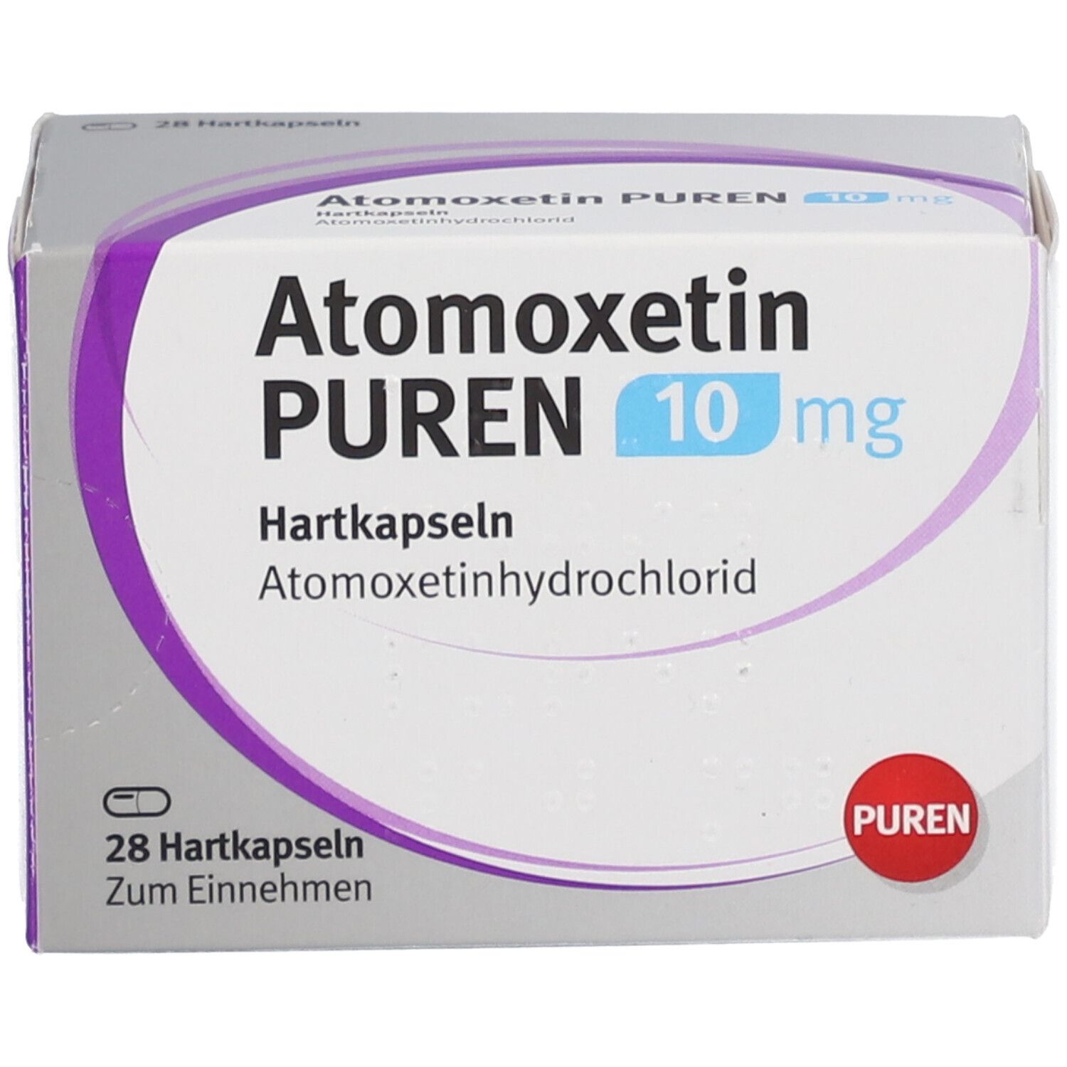 Atomoxetin PUREN 10 mg, 28 Hartkapseln. Weiße Schachtel mit lila Akzenten. Schriftzug und Logo deutlich sichtbar.