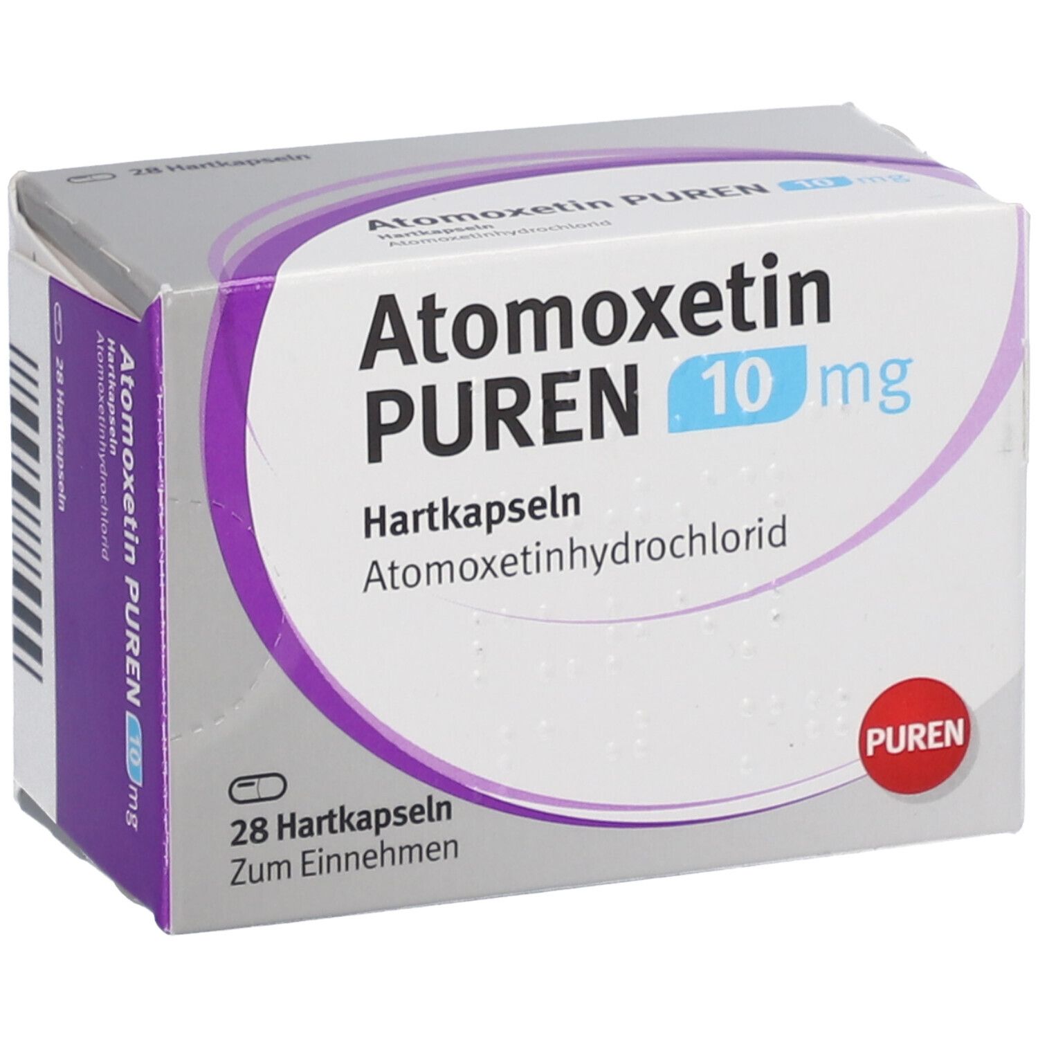 Atomoxetin PUREN 10 mg-Verpackung. Weiße Schachtel mit Text und Logo. 28 Hartkapseln. Perspektivansicht.